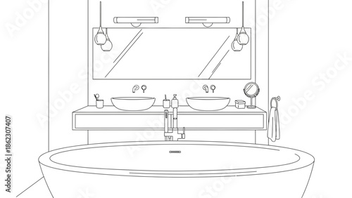 Modern bathroom interior design with bathtub and double vanity sinks