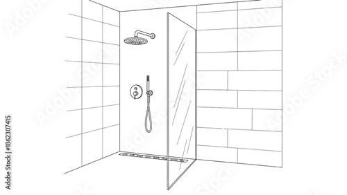 Monochromatic line art illustration of a modern walk-in shower interior design with glass partition and tiled walls, bathroom concept sketch