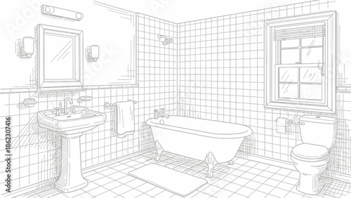 Detailed Hand-Drawn Architectural Sketch of a Classic Bathroom Interior Design with Vintage Fixtures