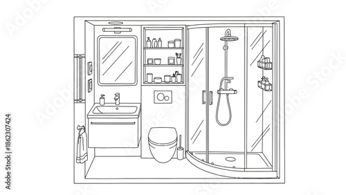 Modern Bathroom Interior Design with Shower, Toilet, and Sink Illustration