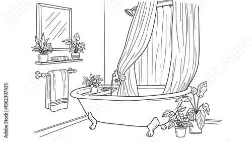 Charming Bathroom Sanctuary Classic Clawfoot Tub, Mirror, and Serene Greenery Line Art