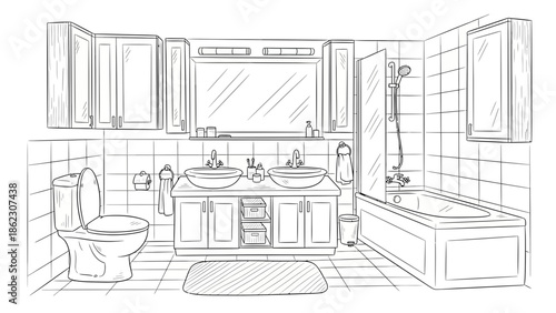 Detailed sketch of a modern bathroom interior with a bathtub and toilet