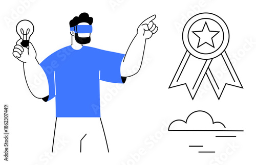 Innovation, technology, problem-solving, creativity, achievement, virtual design. A man wearing VR goggles holding a lightbulb, pointing forward. Creativity and innovation concept