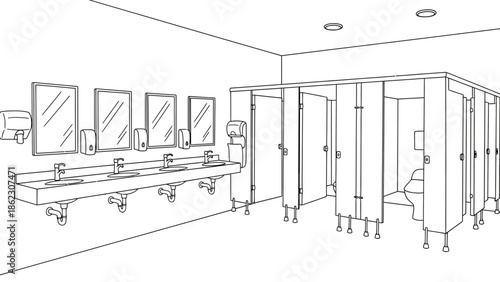 Interior illustration of a public restroom with sinks, mirrors, and stalls
