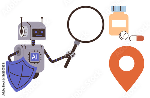 Robot holding magnifying glass and shield near medicine and location pin. Ideal for AI, healthcare, analysis, drug discovery, cybersecurity, medical research, and navigation. Simple flat metaphor