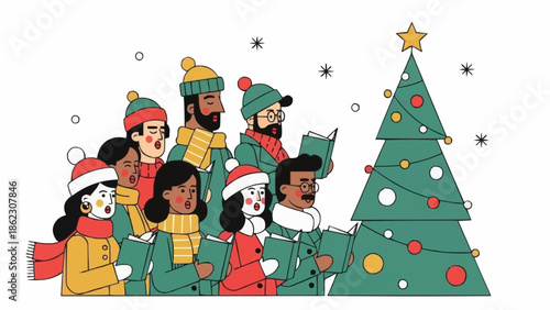 Diverse group of people singing Christmas carols next to a decorated tree.