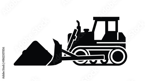 Simple black and white illustration of a front end loader or bulldozer machine