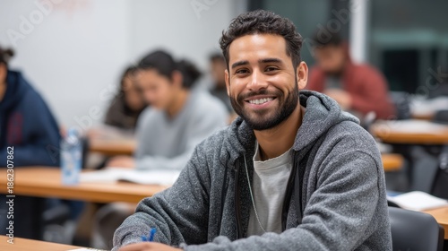 A college student sits at a desk smiling while attending a class. Other students can be seen working in the background. It is evening and the classroom is bright.