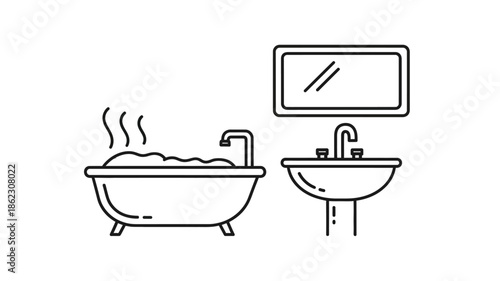 Simple bathroom illustration featuring a bathtub sink and wall mounted television in line art
