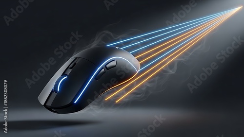 A computer mouse in motion, with blue and orange light trails, on a dark background, viewed from the side.