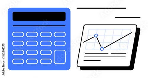 Calculator and analytics chart with line graph, numbers, and data trends. Ideal for finance, accounting, data tracking, business analysis, education investment and technology. Simple flat metaphor