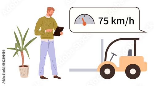 Man with clipboard assessing forklift speed with visible speedometer reading. Ideal for logistics, workplace safety, efficiency, monitoring, quality control, transportation, management themes. Clean
