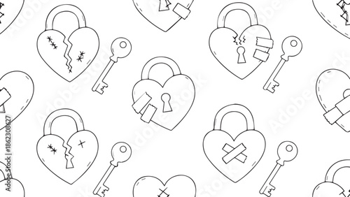 Doodle valentines day illustration of seamless pattern of handdrawn heartshaped locks and keys, broken and patched valentine
