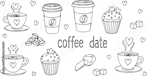Doodle valentines day illustration of set of handdrawn coffee and cupcake icons for valentines day or romantic theme valentine