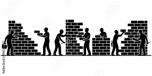 Construction workers building a brick wall Vector