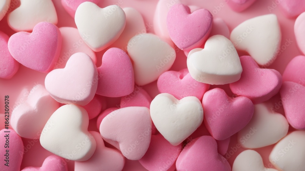 Obraz premium Heart shaped candies in pink and white colors are scattered across a pink surface. These candies can be used for parties holidays or occasions. They add fun to any gathering.