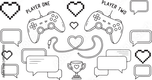 Doodle valentines day illustration of video game controllers and elements for two players, hand drawn style valentine