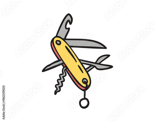 Camping multitool knife with functions, hand drawn doodle