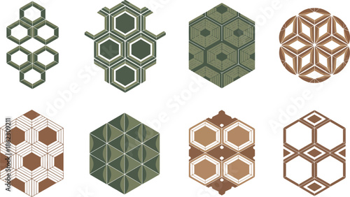 geometric abstract patterns in green and brown colors on transparent background vector set