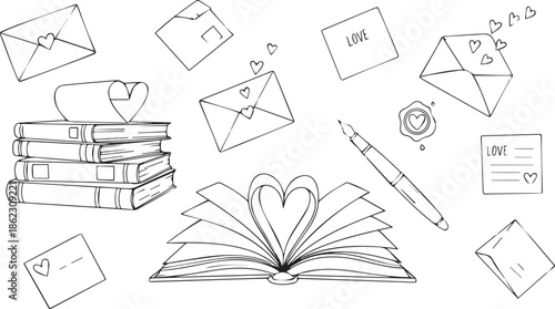 Doodle valentines day illustration of hand drawn love letters, books, and pen doodle collection for romance and correspondence valentine