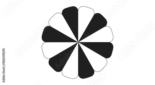 A striking circular design features alternating black and white petal like shapes radiating from the center