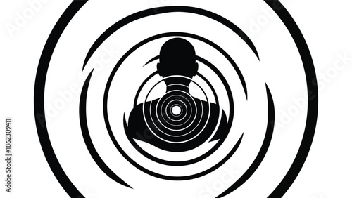 A striking black and white image depicts a person s silhouette within concentric circles creating a captivating visual impact