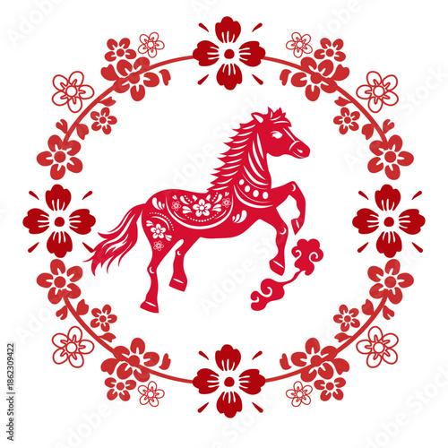 Vibrant Chinese New Year Ornament Featuring a Majestic Horse Surrounded by Floral Patterns in a Circular Frame