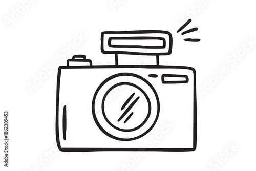 Digital camera doodle, hand drawn illustration, flash effect, compact gadget icon, photo simple sketch concept isolated device