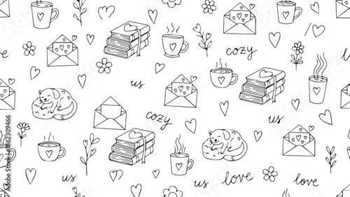 Doodle valentines day illustration of cozy winter seamless pattern with handdrawn coffee mugs, envelopes, and cats valentine