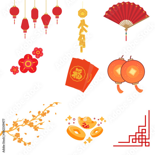 Vibrant Chinese New Year Ornament Illustration with Festive Elements and Cultural Symbols