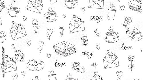 Doodle valentines day illustration of cozy winter and love themed doodles seamless pattern with coffee and letters valentine