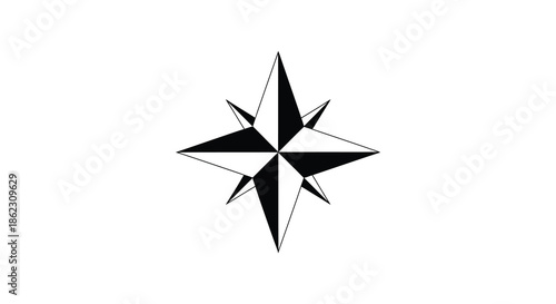 A striking black and white illustration of a classic eight pointed compass rose symbolizing direction