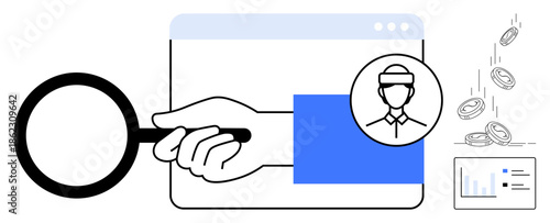 Identity verification, online fraud detection, cybersecurity, personal data protection, online transactions, analytics. A magnifying glass, profile icon falling coins and charts. Identity
