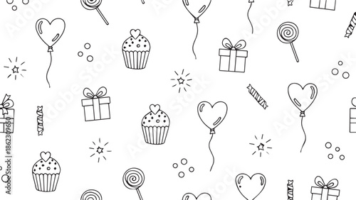 Doodle valentines day illustration of seamless pattern with handdrawn birthday and celebration icons hearts, cupcakes, gifts, lollipops valentine