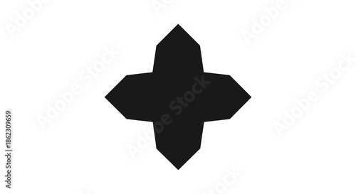 A simple black geometric shape resembling a stylized flower or four pointed star on white