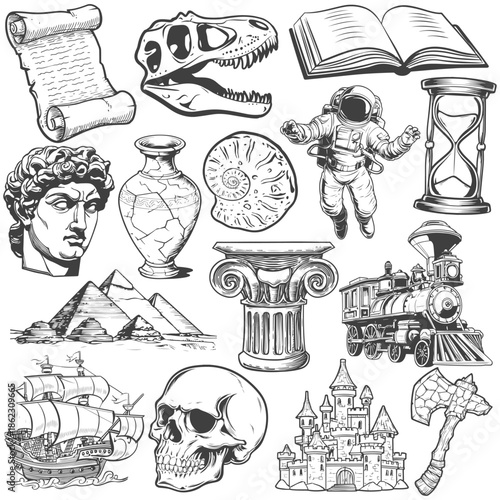 Collection of icons of the history of human evolution in vector style