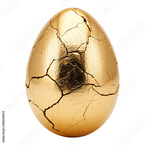Golden Egg With Cracks in Surface Displayed on Plain Background