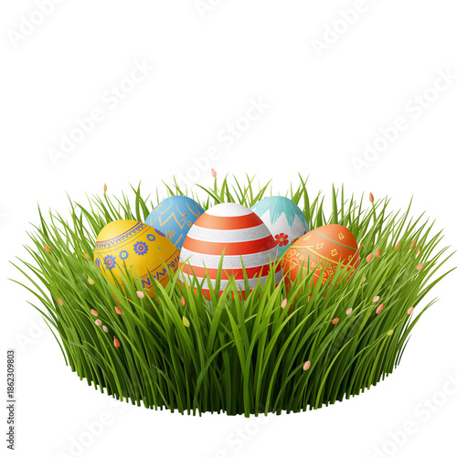 Colorful Eggs Placed in Green Grass for a Spring Celebration During Easter Se...