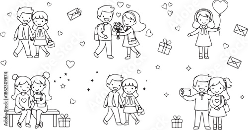 Doodle valentines day illustration of set of cute handdrawn couples celebrating love and romance valentine