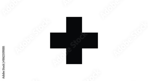 A stark black cross symbol isolated on a plain white background representing simplicity and form
