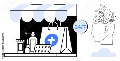 Pharmacy storefront with medicine bottles, shopping bag, pills, and 247 sign alongside a head outline with blooming flowers. Ideal for health, wellness, self-care, mental health, balance