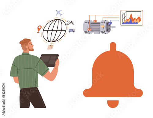 Man using tablet to track global shipping, 24h logistics, machinery analytics, and notifications. Ideal for logistics, automation, technology, data analytics business alert optimization. Simple