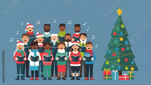 Diverse group of people singing Christmas carols together near a decorated tree.