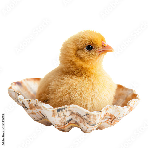 Chick Sits Inside a Large Shell While Looking Around the Room