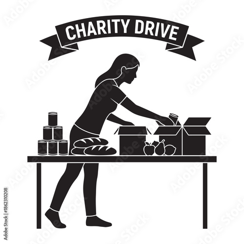 Charity Drive vector illustration with woman packing food donations, bread, cans, and fruit, isolated on white