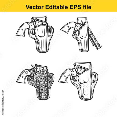  four holster designs with guns in detailed line art style isolated on white background