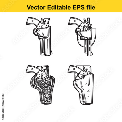  four detailed gun holster designs in line art style isolated on white background