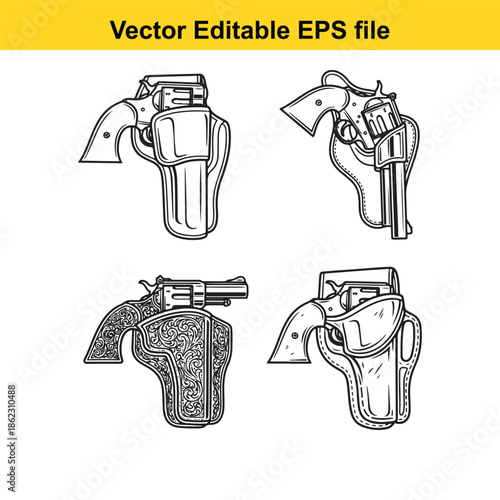  vector illustrations of various holster designs and styles shown isolated on white background
