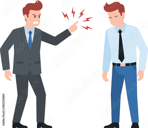 Angry boss scolding employee illustration showing workplace conflict, stress, negative leadership behavior, office tension, professional criticism, and toxic work environment concept