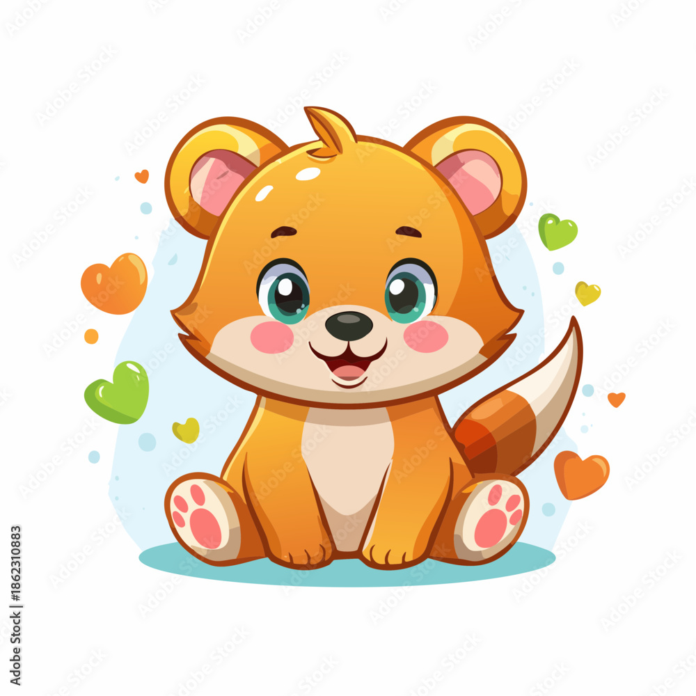 Fototapeta premium Cute cartoon baby fox with big eyes and a happy smile, surrounded by colorful hearts.